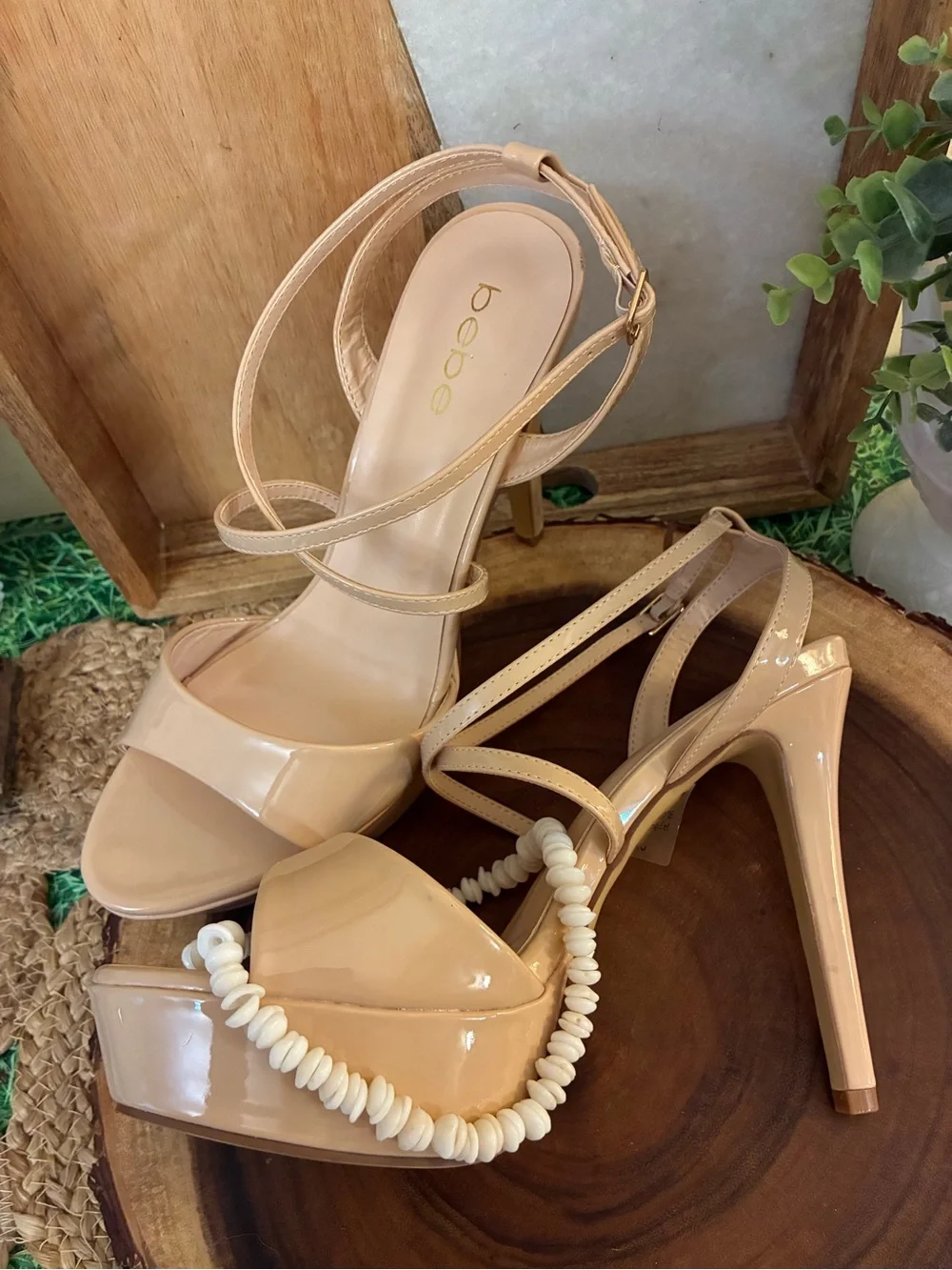 bebe Nude Patent Platform Stiletto Sandals